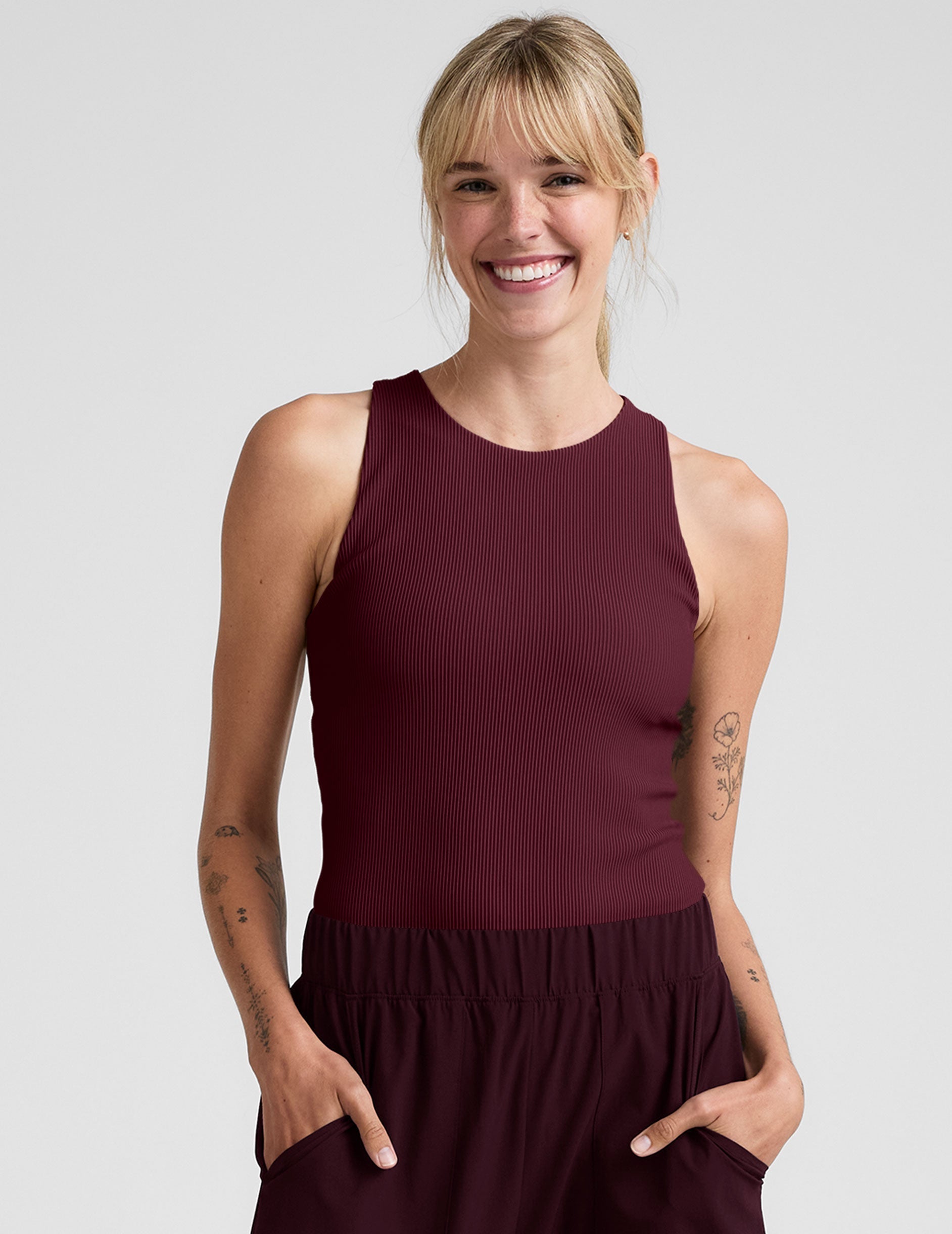 Beyond Yoga Refocus Ribbed High-Neck Racerback Tank Top with Shelf Bra