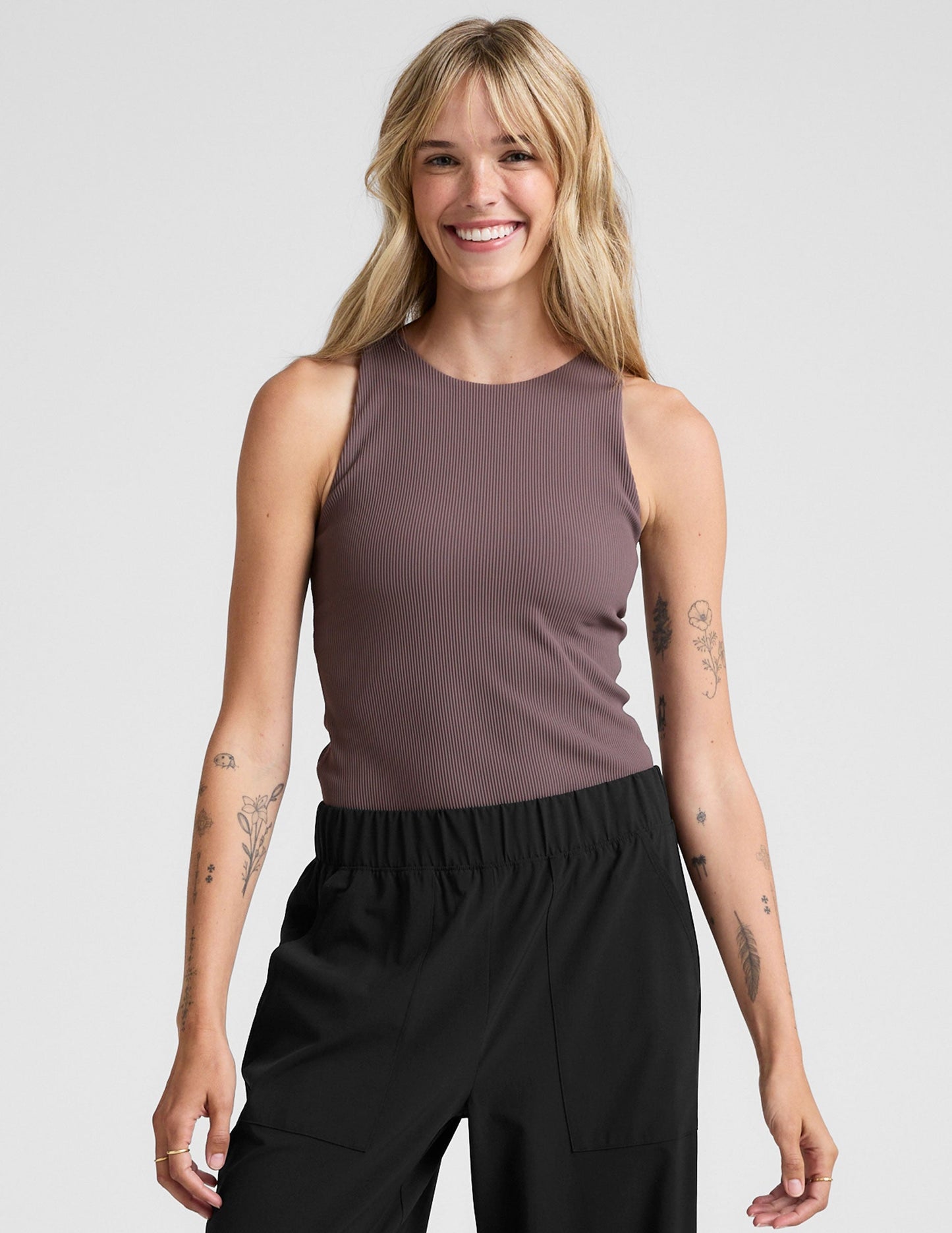Women's Ribbed High-Neck Racerback Tank Top - Smoothing, Moisture-Wicking Comfort