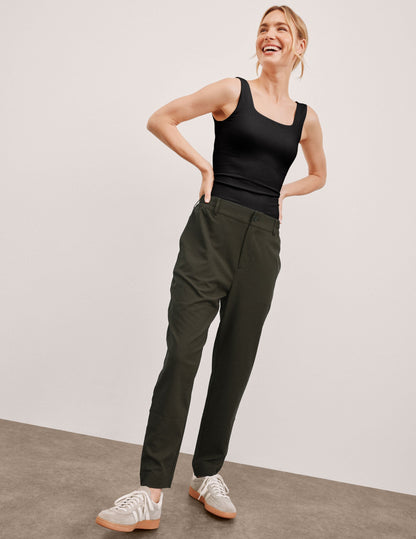 Comfortable Mid-Rise Tapered Pant: Lightweight Jetstretch Woven, Pockets, Belt Loops