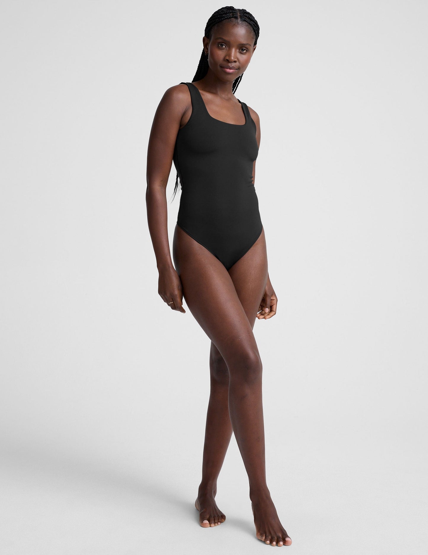 Women's Black Double-Layered Square Neck Tank Bodysuit - Fitted Thong Style