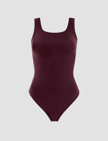 Chic Dark Cherry Double-Layered Tank Bodysuit: Fitted Square Neck Thong Style