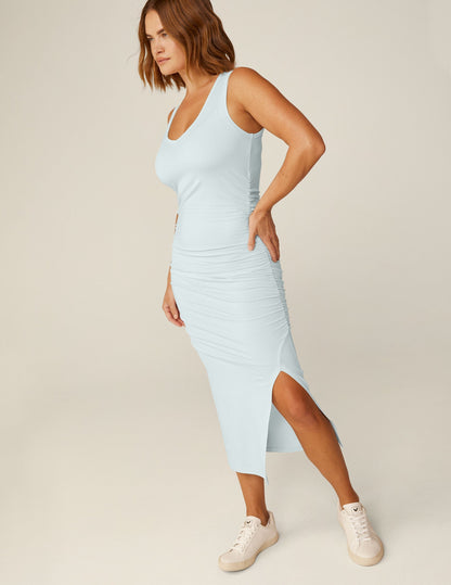 Flattering V-Neck Shirred Midi Dress with Side Slit for Effortless Style