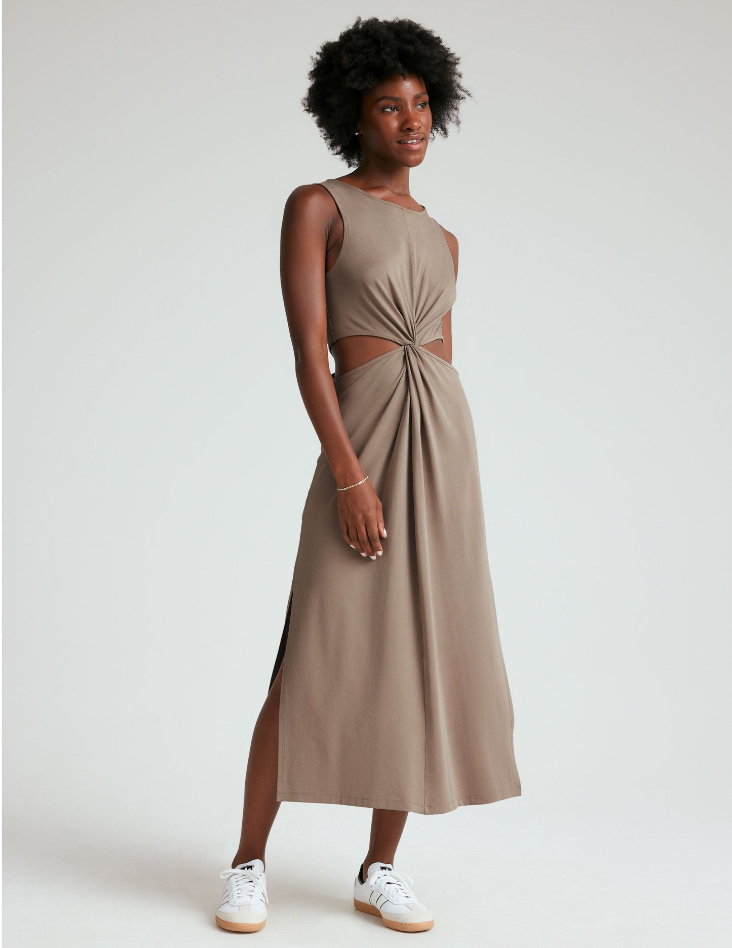 Flattering Front Twist Midi Dress with Side Slits, Soft Sueded Stretch Fabric