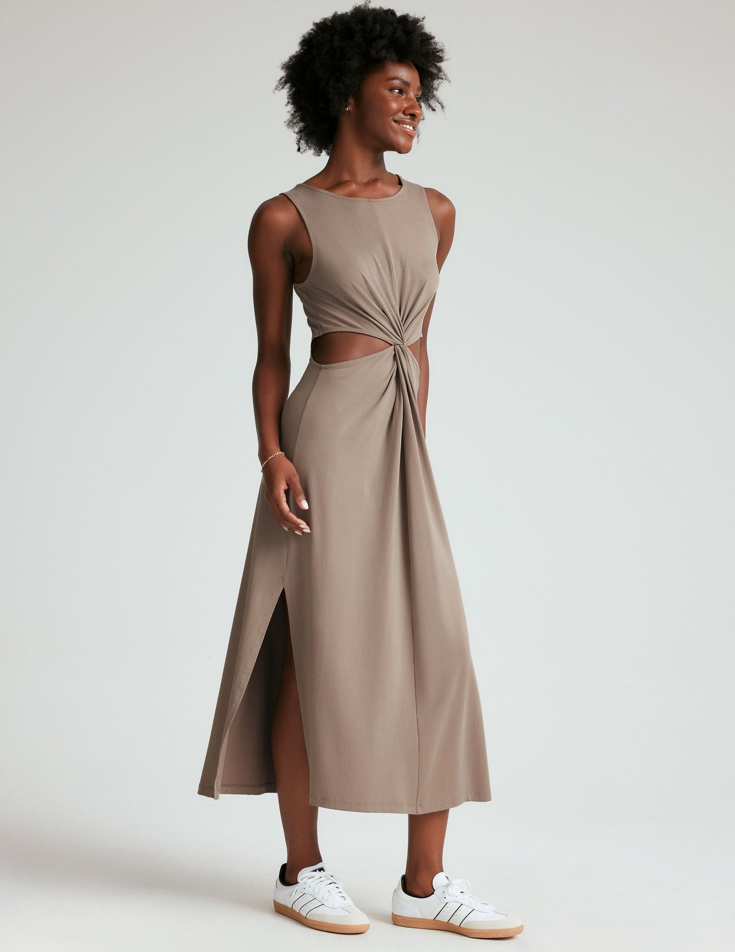 Flattering Front Twist Midi Dress with Side Slits, Soft Sueded Stretch Fabric