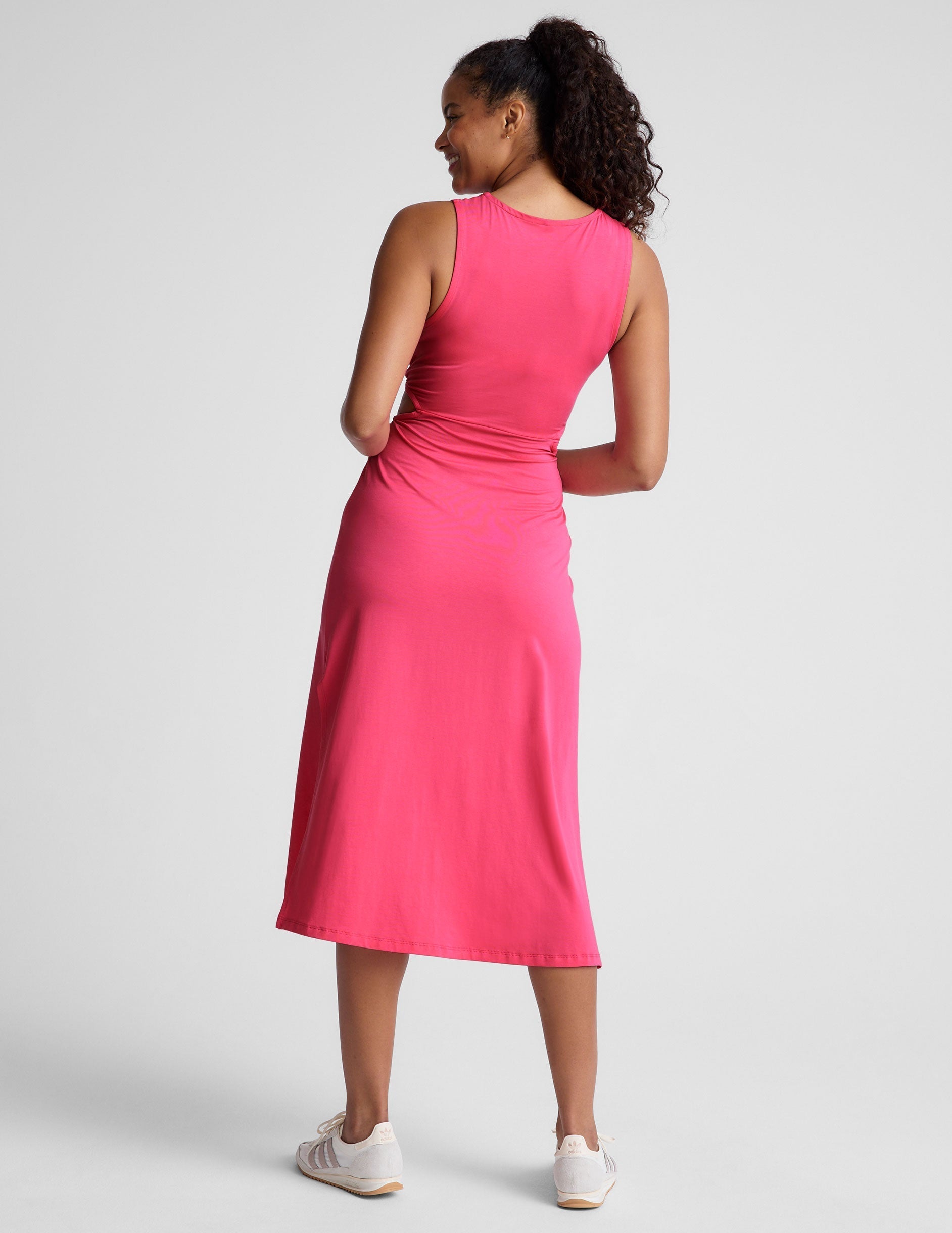 Elegant Pink Midi Dress with Front Twist Detail and Side Slits