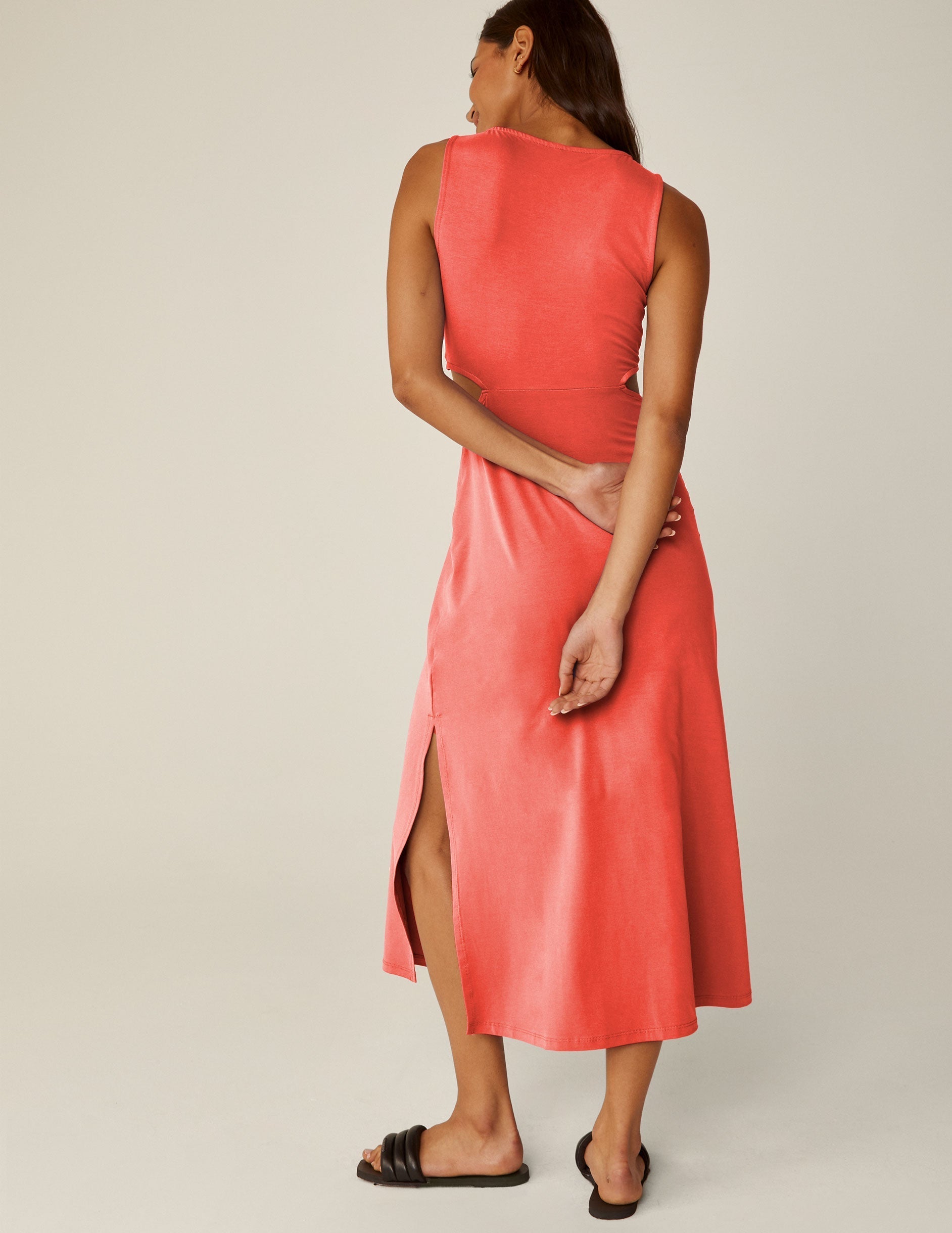 Women's Lightweight Front Twist Midi Dress, Sleeveless, Relaxed Fit, Coral Glow