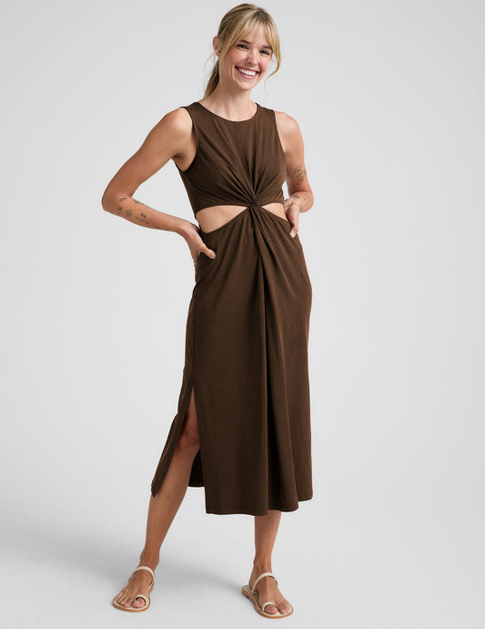 Chic Espresso Front Twist Midi Dress, Side Slits, Flattering Fit