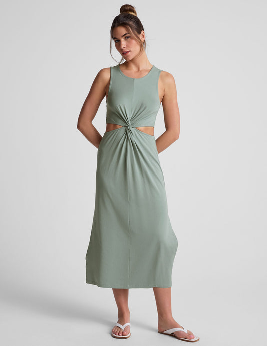 Serene Sage Front Twist Midi Dress: Flattering, Soft, Stretchy Travel-Ready Comfort