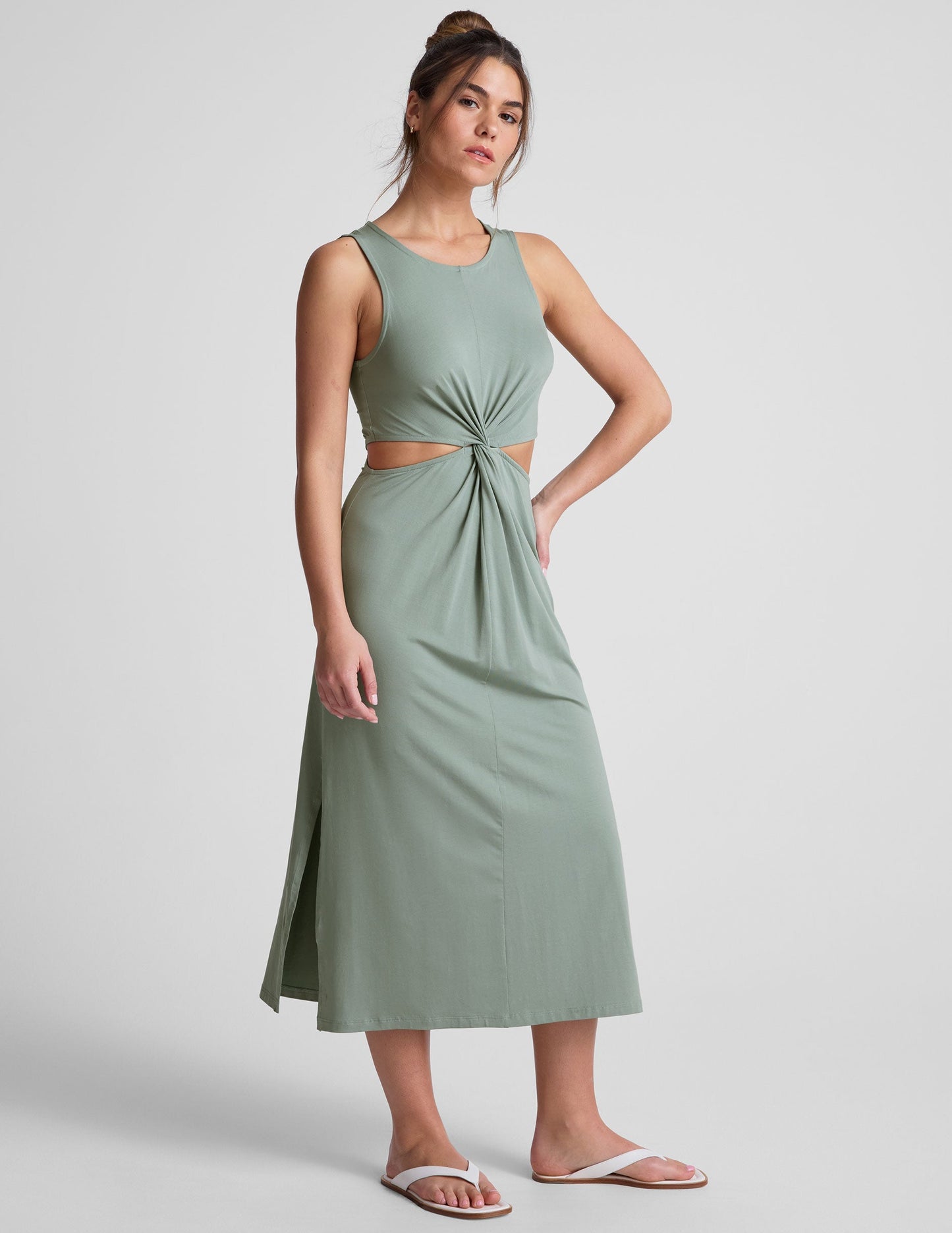 Serene Sage Front Twist Midi Dress: Flattering, Soft, Stretchy Travel-Ready Comfort