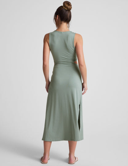 Serene Sage Front Twist Midi Dress: Flattering, Soft, Stretchy Travel-Ready Comfort