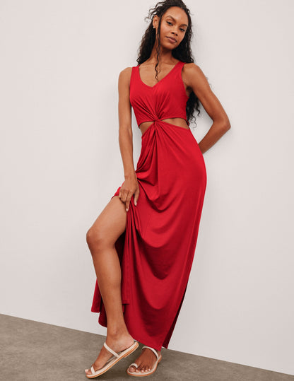 Elegant V-Neck Twist Front Maxi Dress with Side Slits, Travel Ready