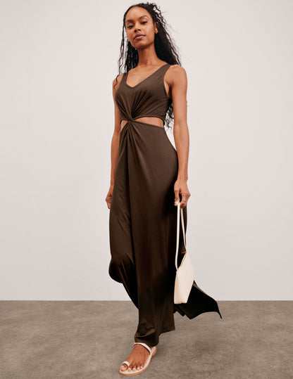 Versatile Espresso Maxi Dress with Elegant Front Twist and Side Slits