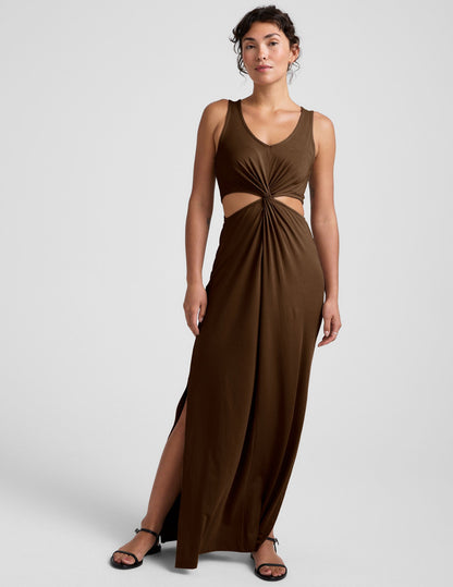 Versatile Espresso Maxi Dress with Elegant Front Twist and Side Slits