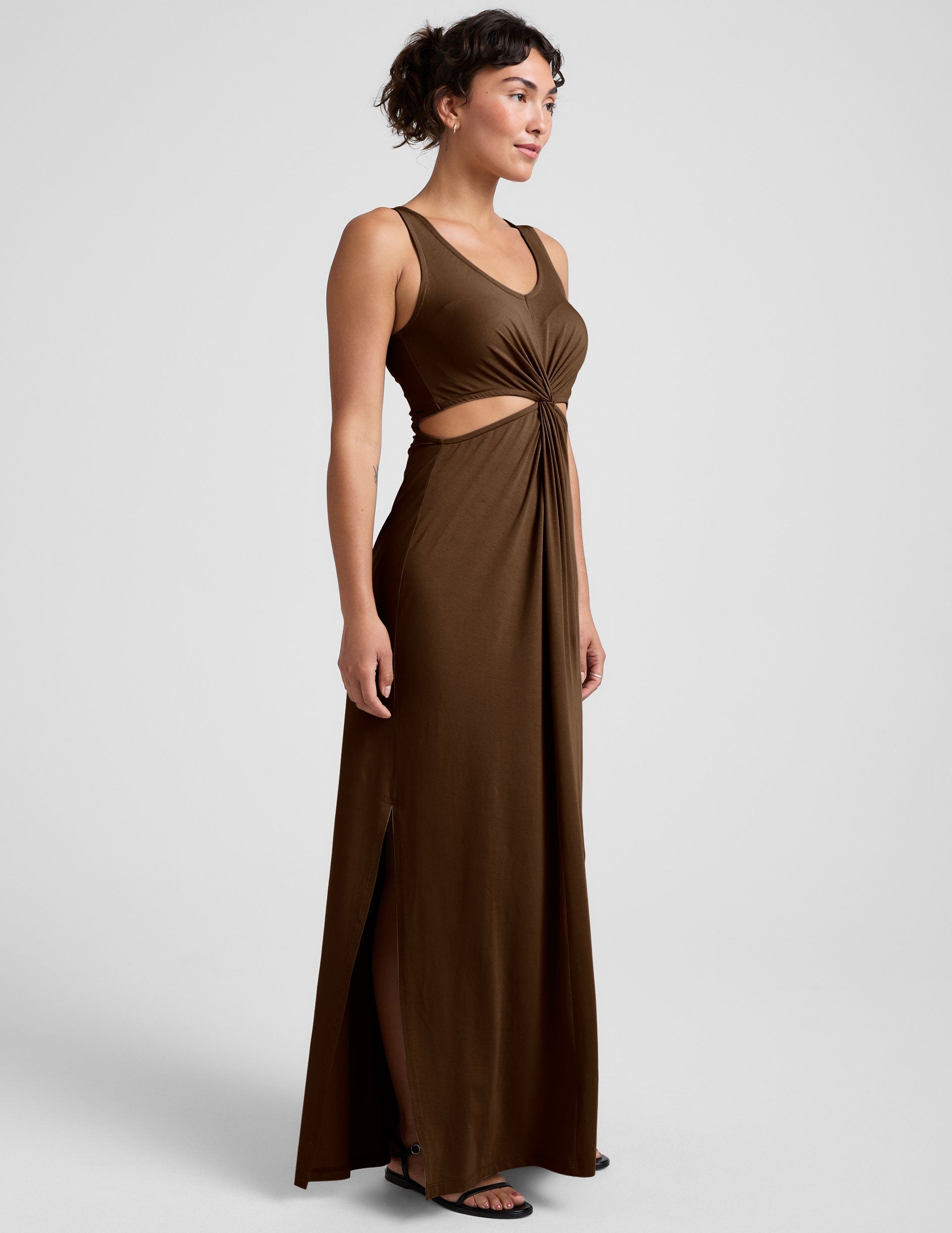 Versatile Espresso Maxi Dress with Elegant Front Twist and Side Slits