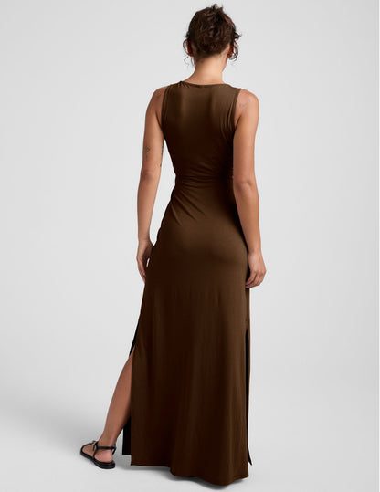 Versatile Espresso Maxi Dress with Elegant Front Twist and Side Slits