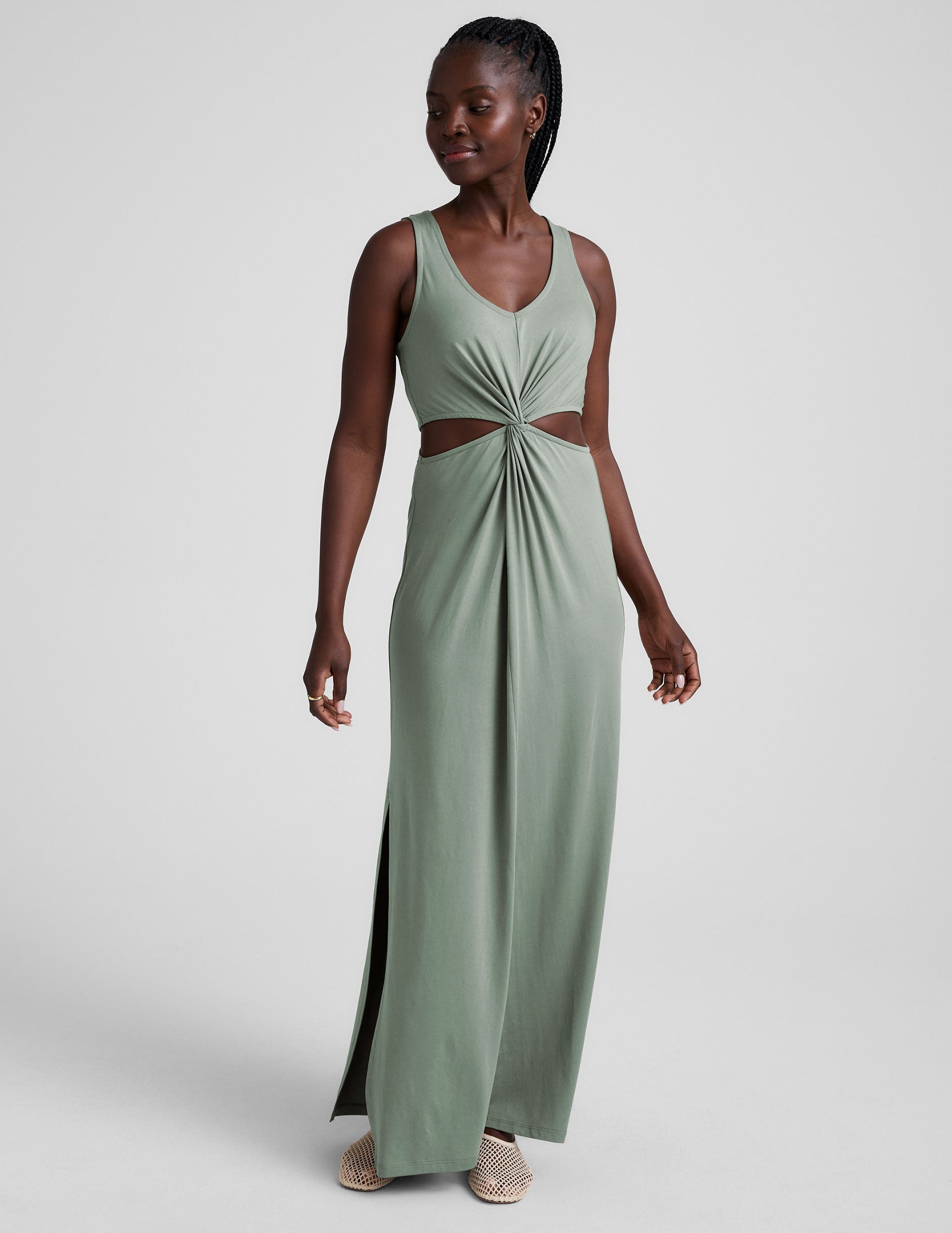 Lightweight V-Neck Maxi Dress: Twist Front, Side Cutouts, Serene Sage Summer Essential