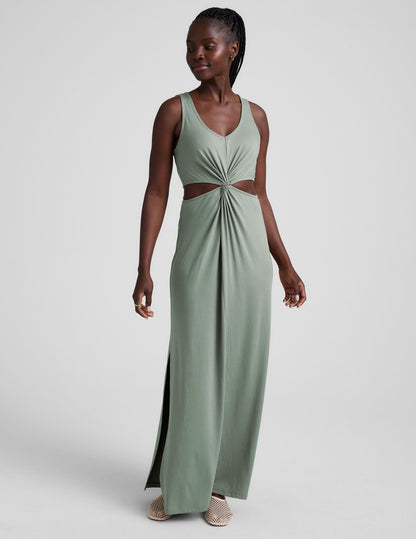 Lightweight V-Neck Maxi Dress: Twist Front, Side Cutouts, Serene Sage Summer Essential