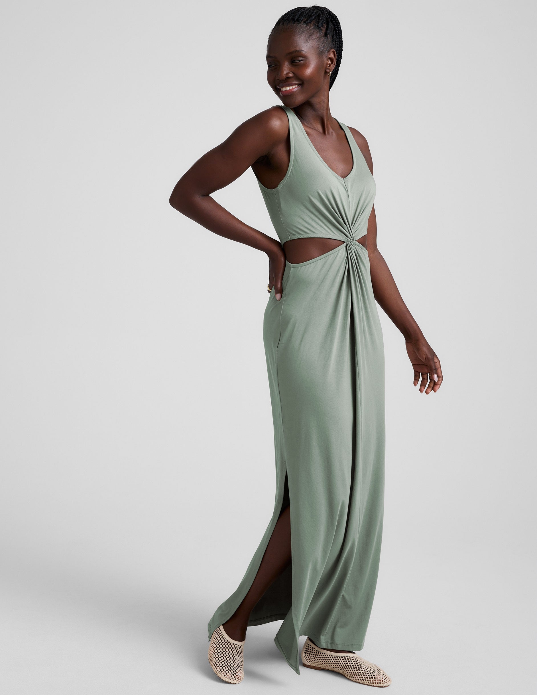 Lightweight V-Neck Maxi Dress: Twist Front, Side Cutouts, Serene Sage Summer Essential