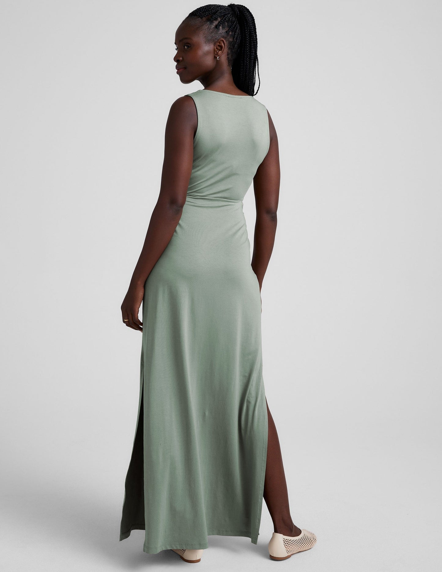 Lightweight V-Neck Maxi Dress: Twist Front, Side Cutouts, Serene Sage Summer Essential