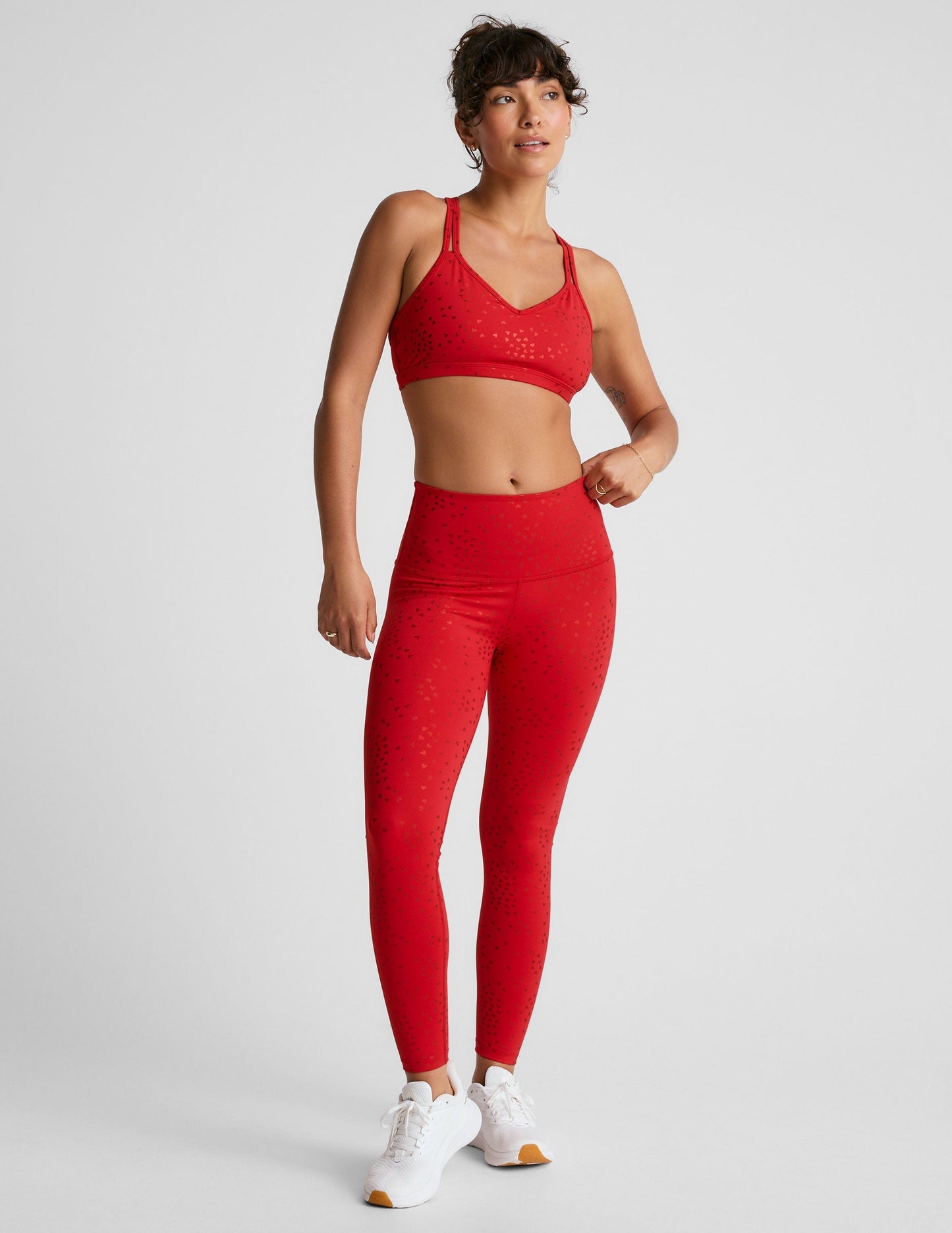 Candy Apple Red PowerShine High-Waisted Midi Leggings with Shimmering Hearts