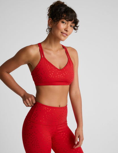 Candy Apple Red Shimmering Hearts Double Crossover Back V-Neck Sports Bra Medium Support