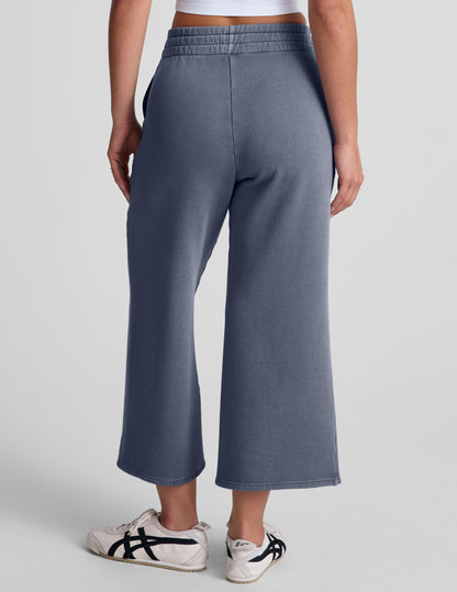 Comfortable Soft Terry Washed Blue Wide Leg Cropped Pants with Pockets