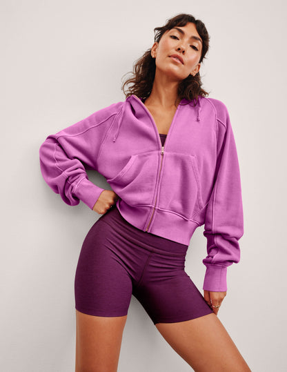 Plush Washed Sunset Violet Zip Hoodie: Soft Terry, Kangaroo Pockets, Adjustable Drawcords