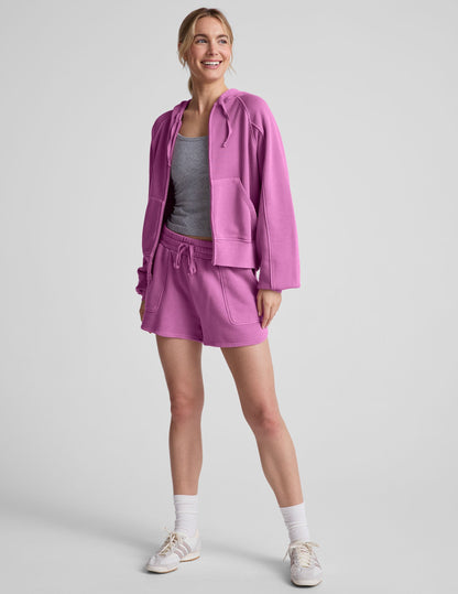 Plush Washed Sunset Violet Zip Hoodie: Soft Terry, Kangaroo Pockets, Adjustable Drawcords