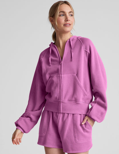 Plush Washed Sunset Violet Zip Hoodie: Soft Terry, Kangaroo Pockets, Adjustable Drawcords