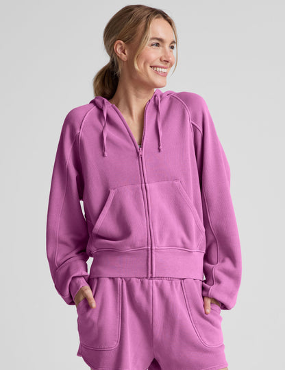 Plush Washed Sunset Violet Zip Hoodie: Soft Terry, Kangaroo Pockets, Adjustable Drawcords