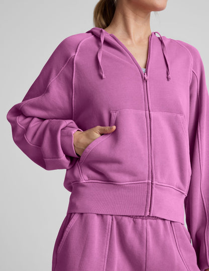 Plush Washed Sunset Violet Zip Hoodie: Soft Terry, Kangaroo Pockets, Adjustable Drawcords