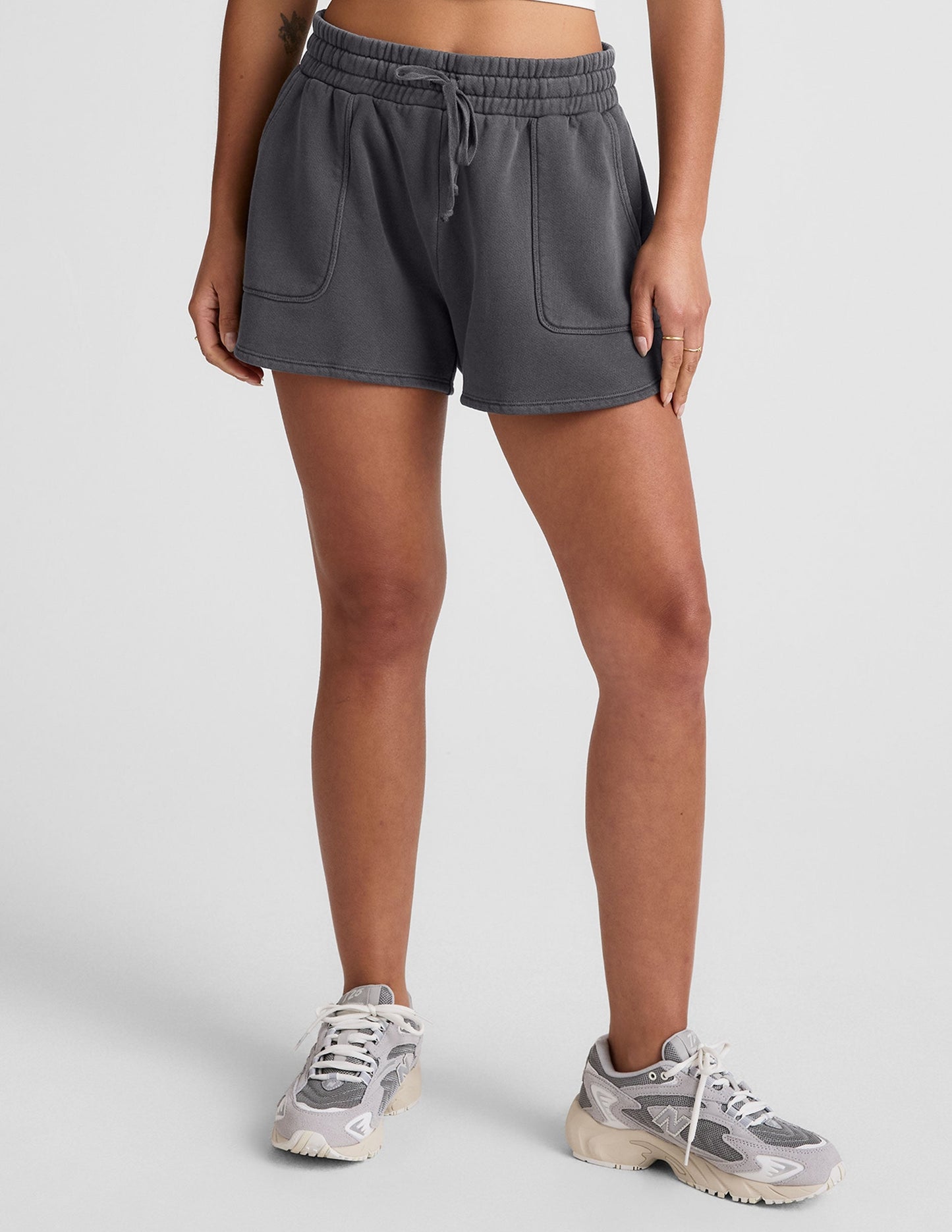 Ultra-Soft Washed Black Terry Cali Shorts: Relaxed Fit, Pockets, Drawstring.