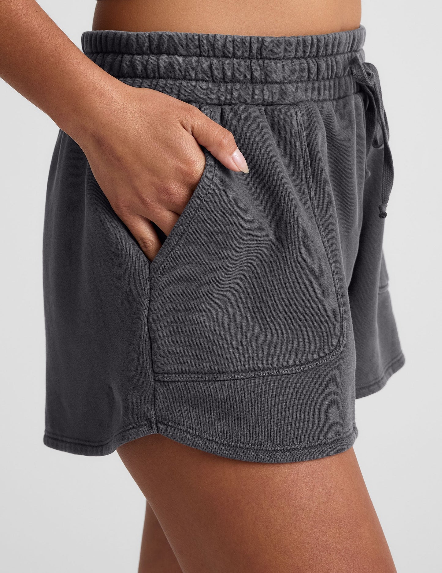 Ultra-Soft Washed Black Terry Cali Shorts: Relaxed Fit, Pockets, Drawstring.