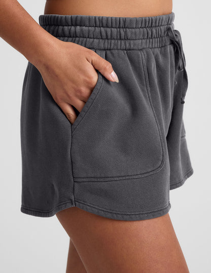 Ultra-Soft Washed Black Terry Cali Shorts: Relaxed Fit, Pockets, Drawstring.