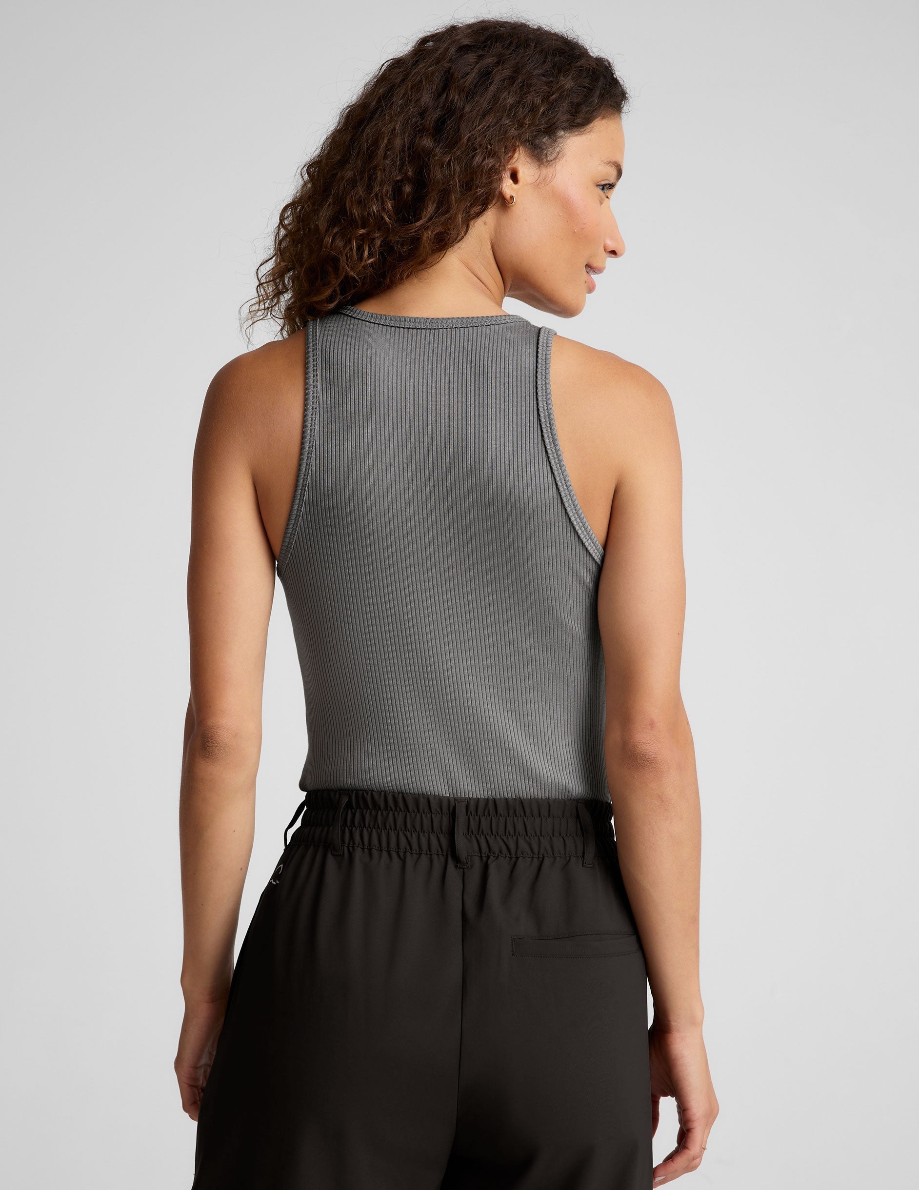 Women's Ribbed Formation Tank Top: Slim Fit, Crew Neck, Stone Gray