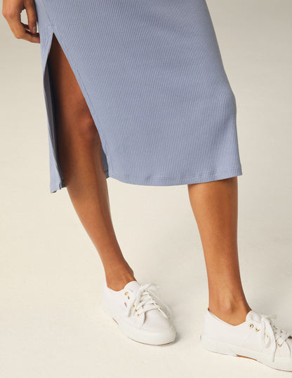 Ribbed Midi Tank Dress with Side Slit: Versatile, Body-Skimming, High-Neck Comfort