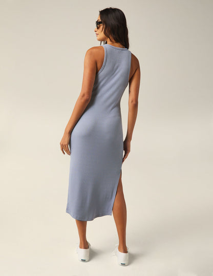 Ribbed Midi Tank Dress with Side Slit: Versatile, Body-Skimming, High-Neck Comfort