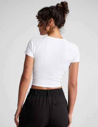 Women's Ribbed High Neck Cropped Tee, Soft Fitted Silhouette Top White