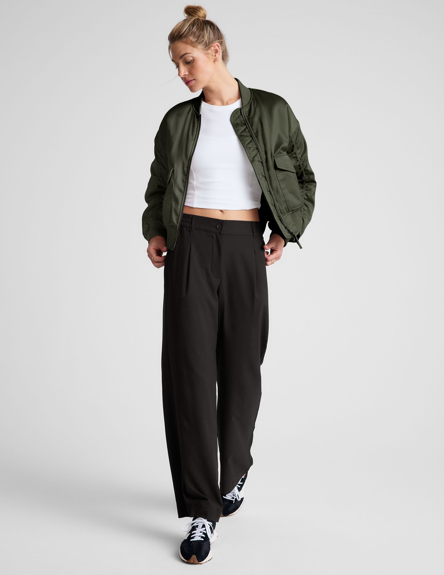 Melrose Forest Green Stylish Zip Front Bomber Jacket with Shirred Sleeves