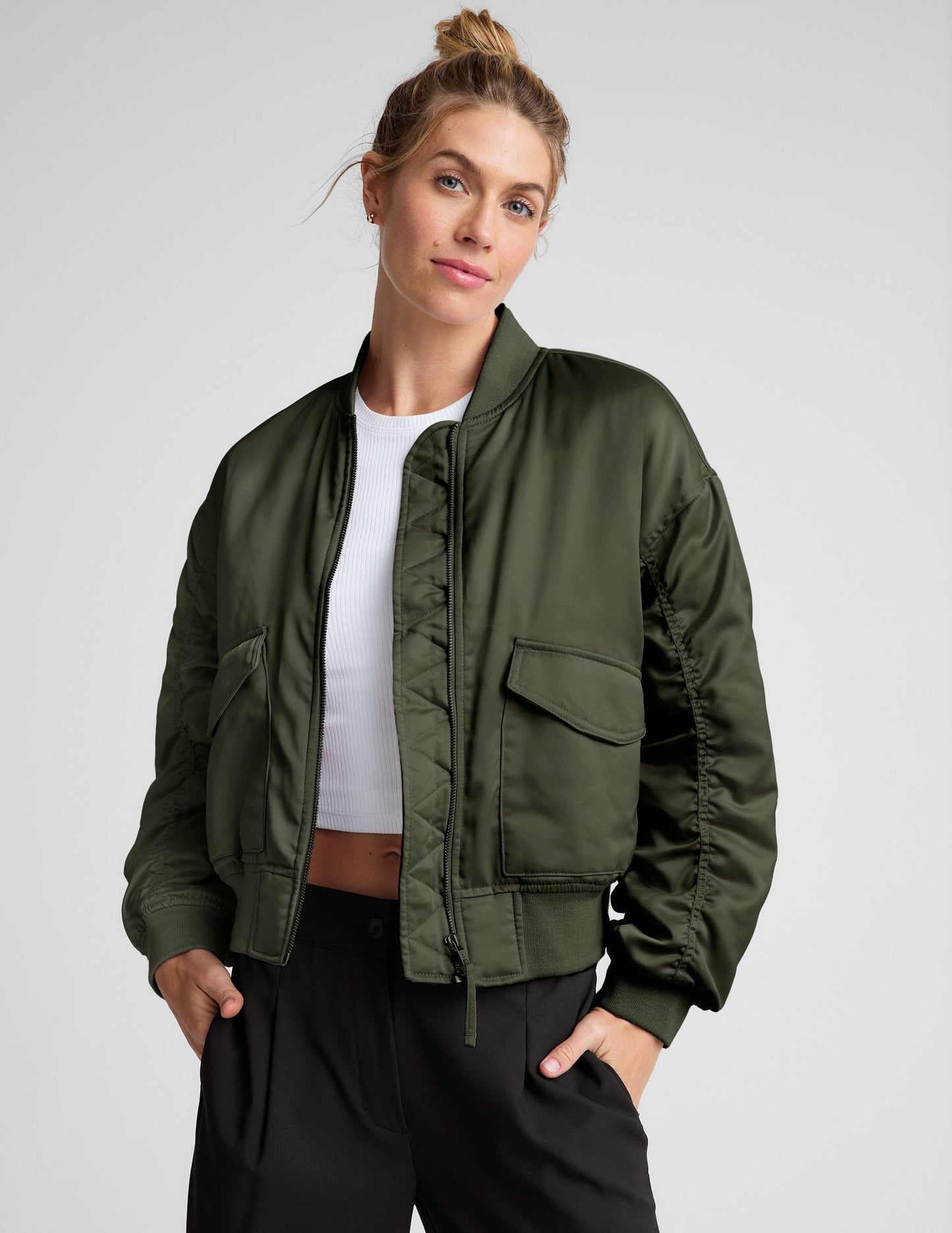 Melrose Forest Green Stylish Zip Front Bomber Jacket with Shirred Sleeves