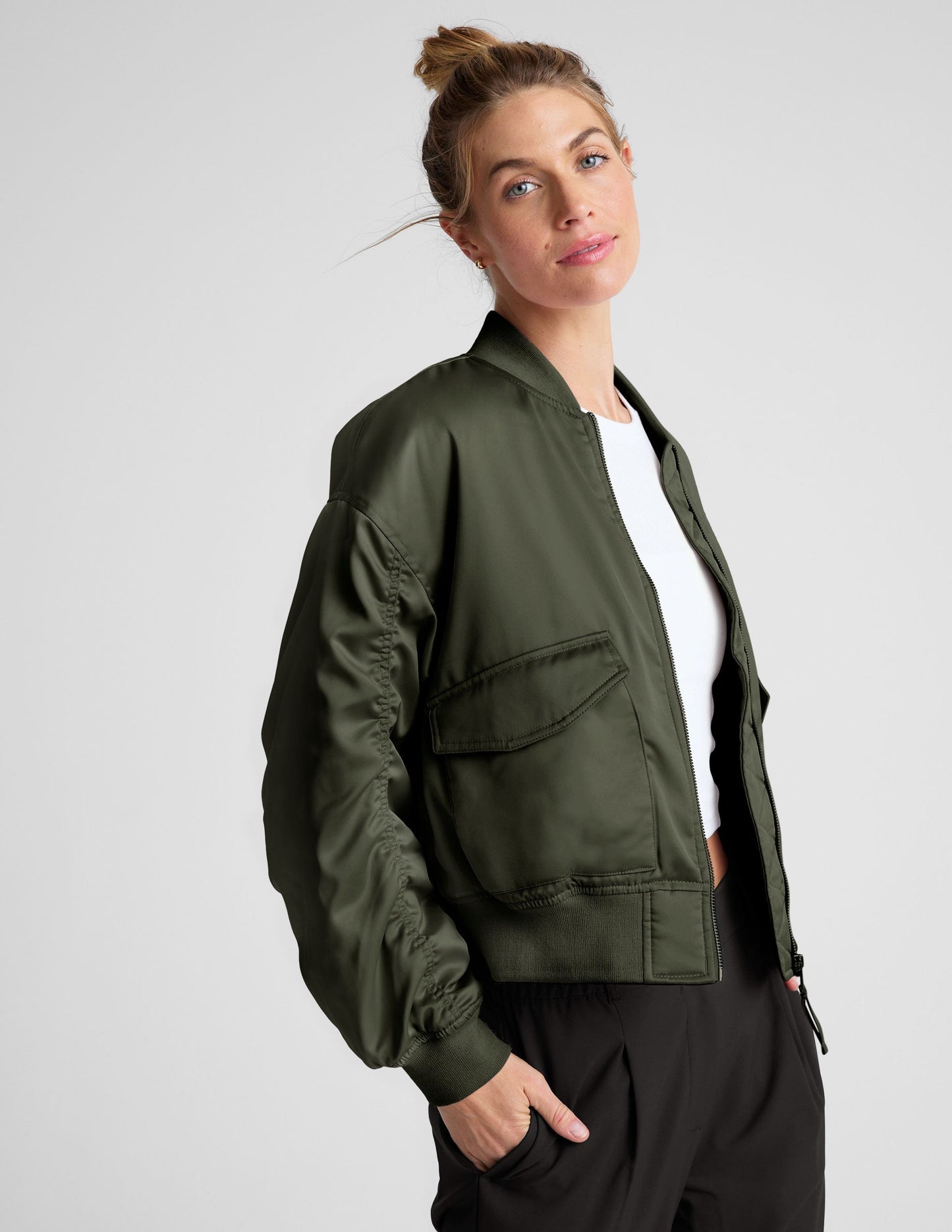 Melrose Forest Green Stylish Zip Front Bomber Jacket with Shirred Sleeves