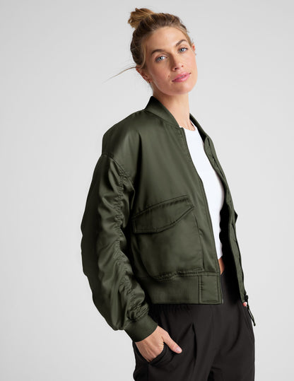 Melrose Forest Green Stylish Zip Front Bomber Jacket with Shirred Sleeves