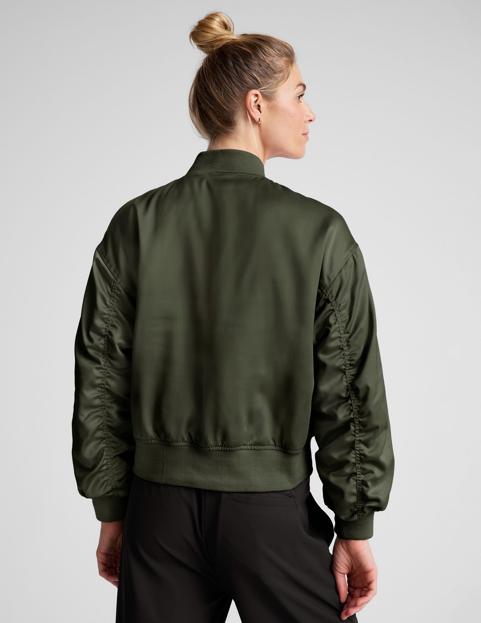 Melrose Forest Green Stylish Zip Front Bomber Jacket with Shirred Sleeves