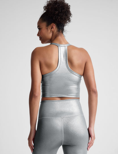 Shimmering Liquid Silver Cropped Tank: Racerback, V-Neck, Built-In Bra Performance Top
