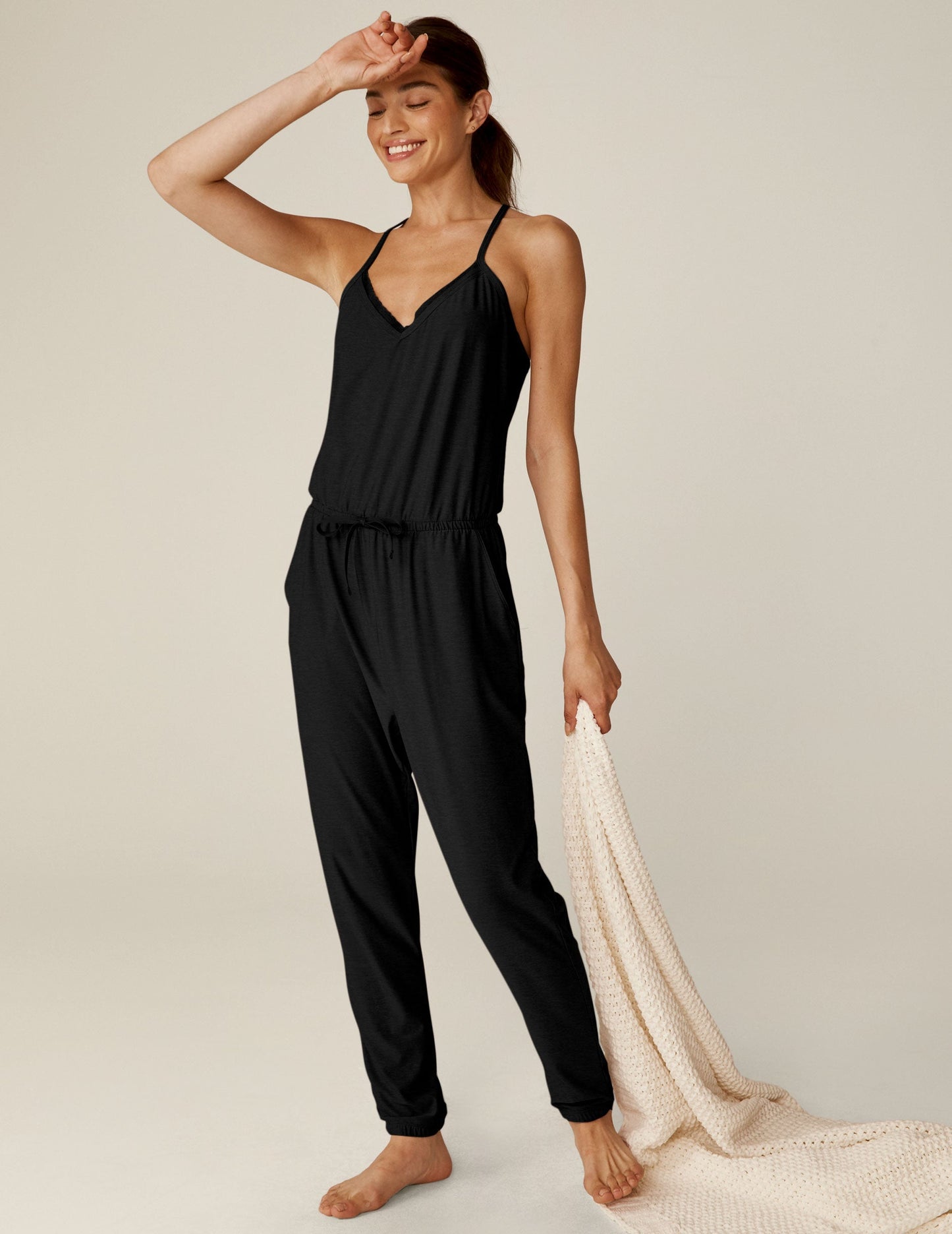 Soft Featherweight Dream Lace Racerback Jumpsuit with Pockets for Lounging