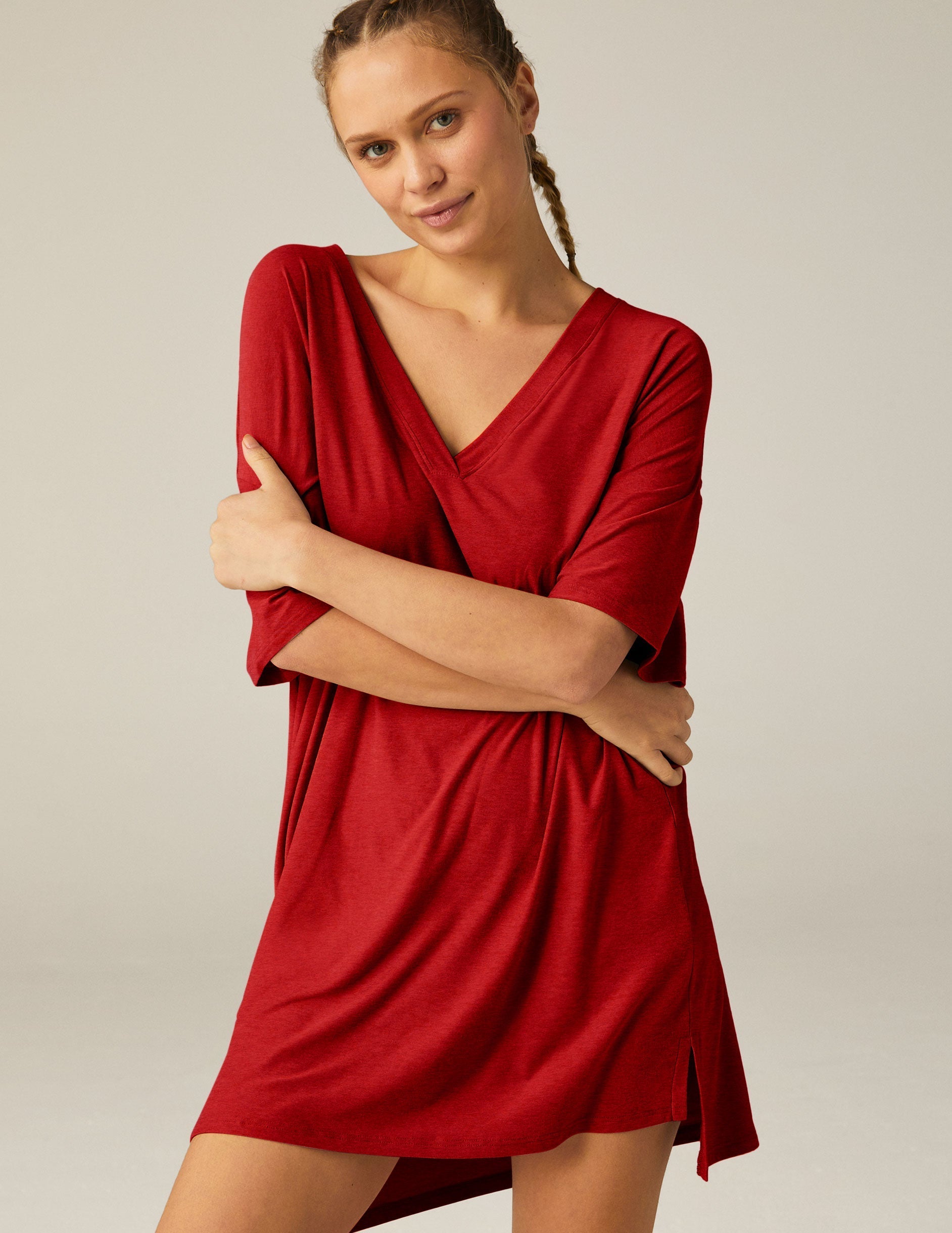 Featherweight V-Neck Relaxed Fit Sleep Tee Dress – Ultra Soft, Cozy Loungewear