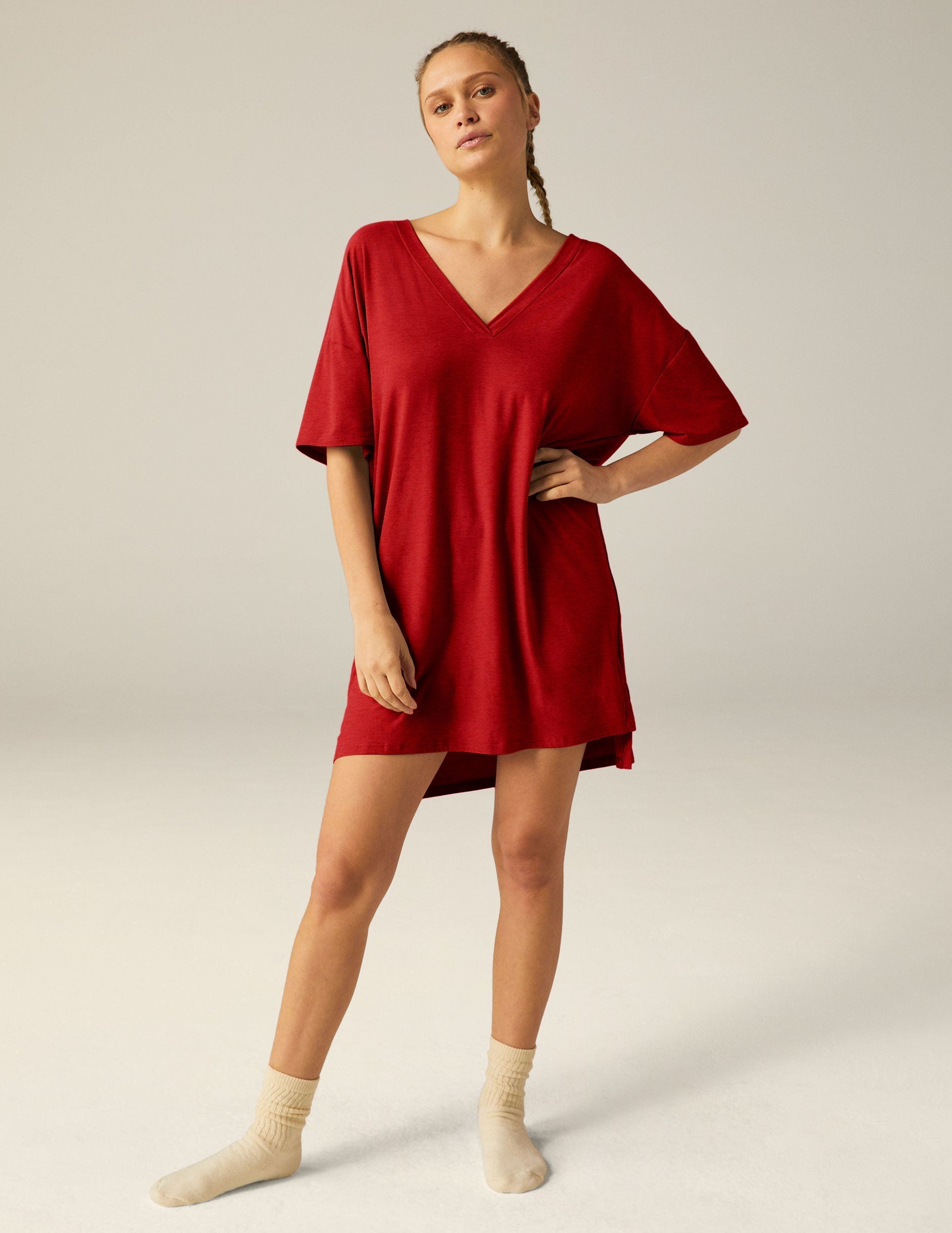 Featherweight V-Neck Relaxed Fit Sleep Tee Dress – Ultra Soft, Cozy Loungewear