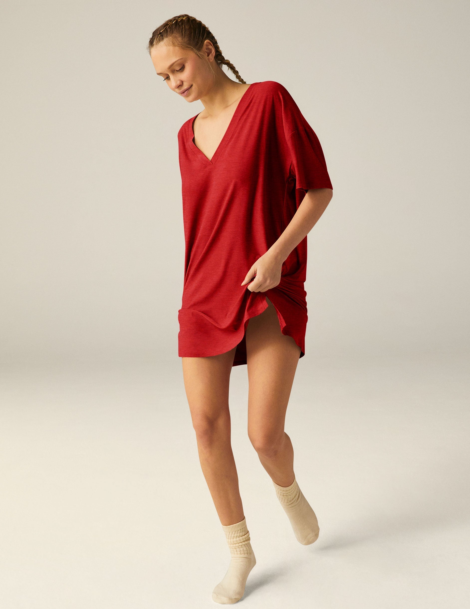 Featherweight V-Neck Relaxed Fit Sleep Tee Dress – Ultra Soft, Cozy Loungewear