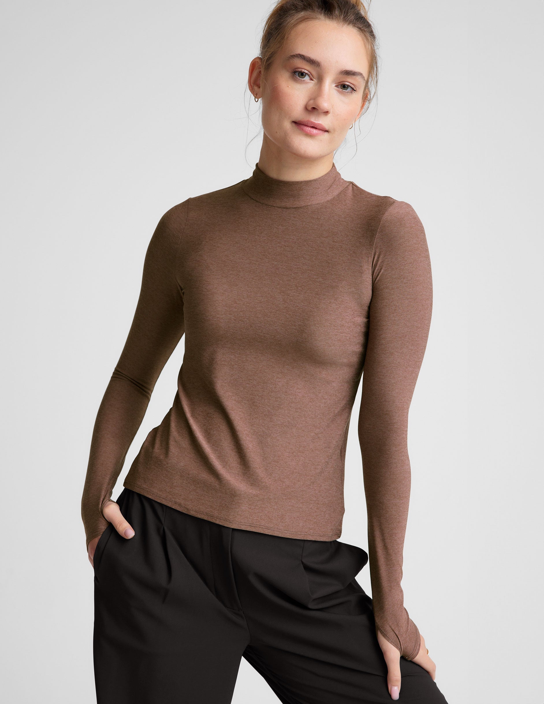 Featherweight Spacedye Mock Neck Long Sleeve Top with Thumbholes
