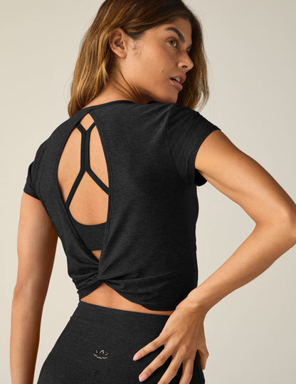Featherweight Twist Back Cropped Tee: Airy Spacedye Fabric, Keyhole Design